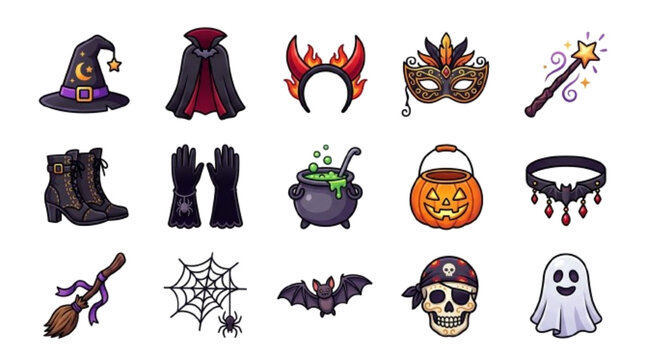 Halloween Costume Accessories &ndash; witch hat, vampire cape, devil horns, mask, magic wand, boots, gloves, premium Halloween icon pack. white bg

