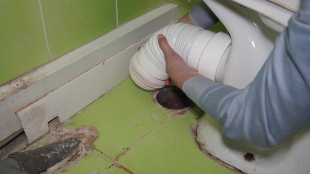 Plumber installing flexible waste pipe to toilet bowl close up, Plumbing repair work connecting toilet drain corrugation hose