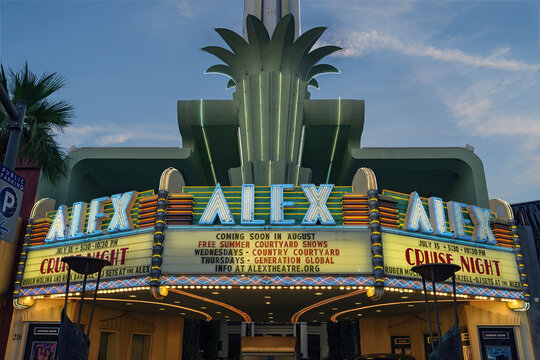 Alex Theater facade at dusk during Cruise Night in Glendale, California; originally opened in 1925.