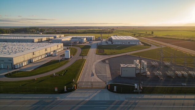 Aerial view of modern logistics warehouse hub at sunrise with real estate warehouse logistics industrial