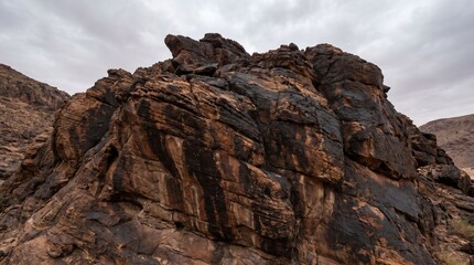 Fototapeta premium Dramatic Desert Rock Formation with Layered Sandstone Cliffs Under a Cloudy Sky