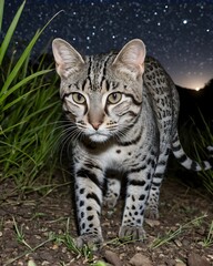Fototapeta premium A silver marbled cat in a meteor show background