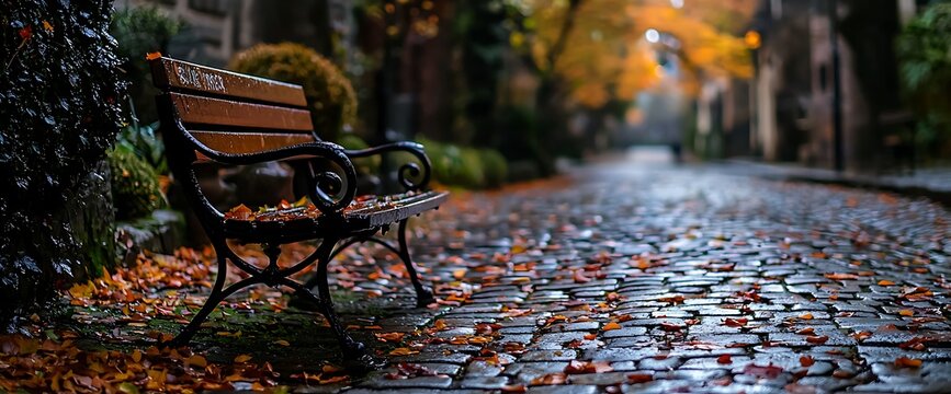 Autumnal park bench on a cobblestone path
