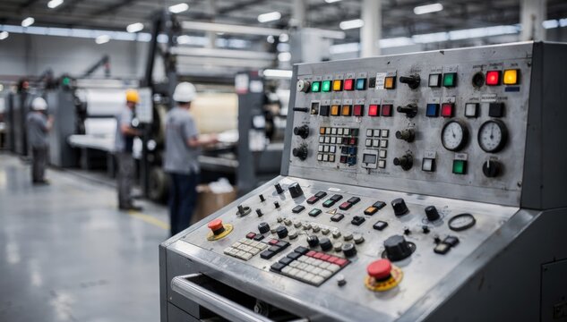 Focused medium shot of a large printing press control panel with workers indistinct in the softly blurred expansive printing hall under industrial lighting.