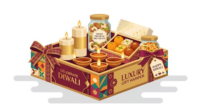 A beautifully arranged Diwali gift hamper filled with traditional Indian sweets, nuts, candles, and diyas, ready for festive celebrations.