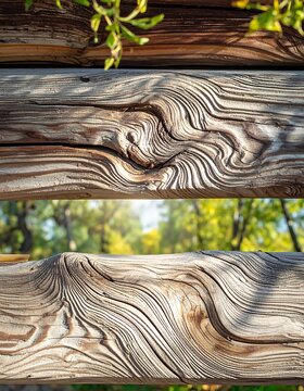 Weathered Wooden Fence Rails with Swirling Grain Patterns in Sunlit Park