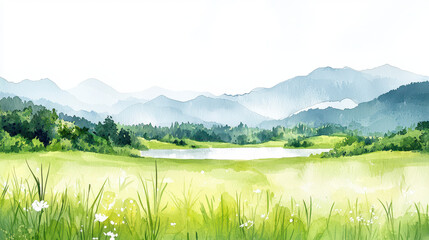 Fototapeta premium Serene watercolor painting of lush green landscape with mountains in background and calm lake reflecting sky