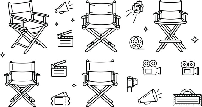 Film director chair line art vector icons set with movie cameras clapperboards tickets and cinema equipment