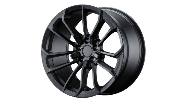 Dark grey multi-spoke alloy car wheel with matte finish, isolated on transparent background