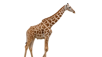 Obraz premium Tall giraffe with brown and white patterned fur, isolated on transparent background