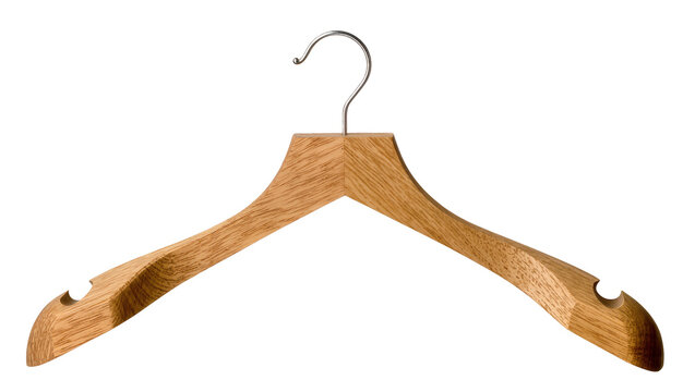 Natural wood clothes hanger with metal hook, isolated on transparent background