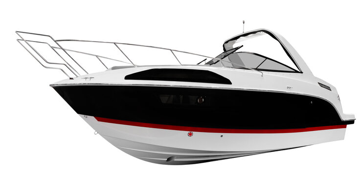 White motorboat with black hull and red accent line, . Curved bow and windshield shape the front. Modern yacht design emphasizes clean lines, isolated on white background