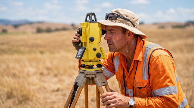 Professional land surveyor operates tripod-mounted surveying instrument under bright midday sun. Diligent land surveyor performs precise outdoor measurements for engineering projects.