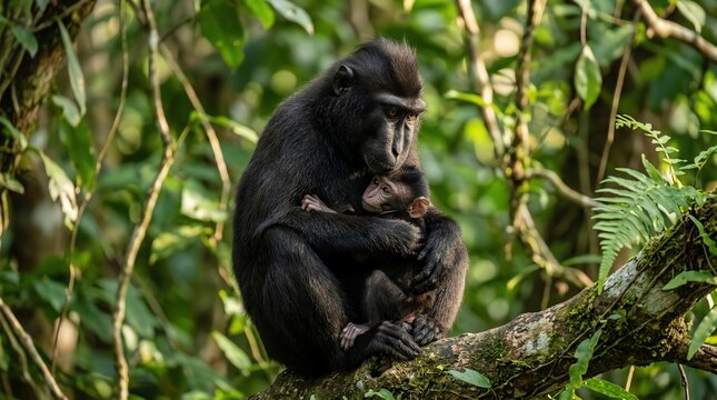 A black macaque parent tenderly cradles its infant, nestled securely amidst the lush greenery and dappled sunlight of its natural rainforest habitat while perched upon a moss-covered branch