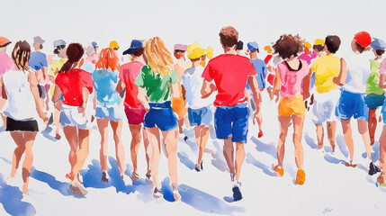 Obraz premium Colorful crowd walking together, vibrant summer attire, joyful atmosphere, diverse group, sunny day, artistic impression