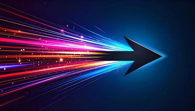 Glowing Neon Arrow Moving Forward on Dark Blue Abstract Background