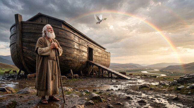Noah standing by ark, dove bringing olive branch