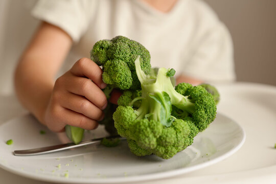A child holds a piece of broccoli on a plate. The setting is a kitchen, and it looks like the child is preparing to eat the vegetable