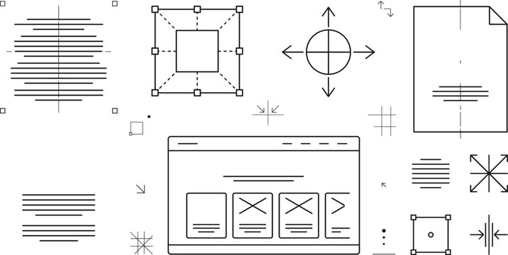 Graphic design layout line art vector icons set with text alignment bounding box and web browser wireframe