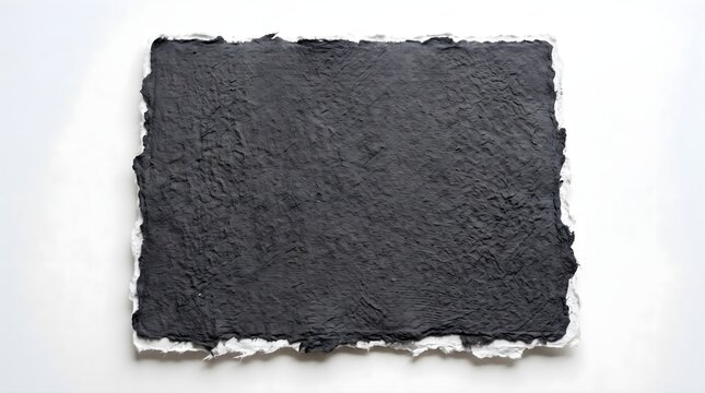 Dark charcoal handmade paper sheet showing a rough heavily-textured deckled edge on a bright white background