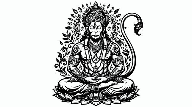 Lord Hanuman sitting in meditation black and white ink illustration.