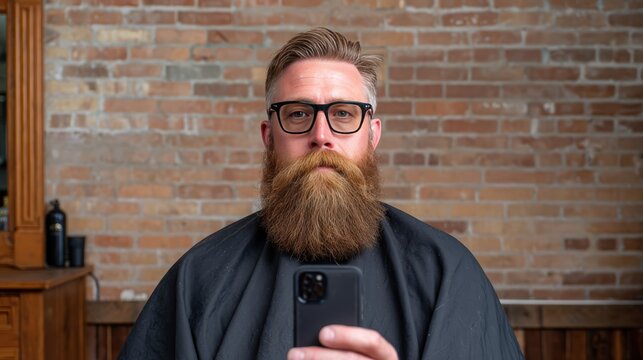 A man with a thick beard and glasses takes a selfie against a brick wall background, dressed in a barber cape.