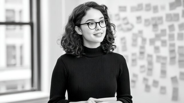 A young woman with curly hair and glasses stands confidently in front of a wall covered in sticky notes, suggesting a creative or brainstorming work environment.
