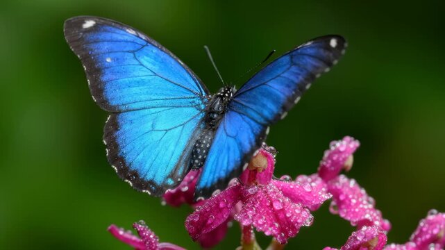 Vibrant Blue Morpho butterfly resting on delicate pink flower with morning dew drops, close up macro nature shot.