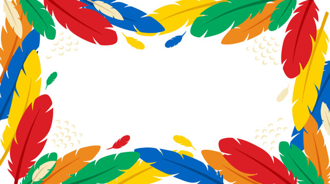 Colorful feather border with festive, vibrant hues and confetti elements, celebrating carnival or summer events