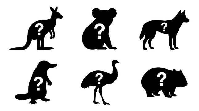 six silhouettes of Australian animals, kangaroo, koala, dingo, echidna, emu, wombat, each with a question mark inside, representing mystery and