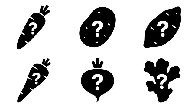 Six black silhouette icons of root vegetables and potato with question mark inside, representing mystery ingredients or unknown food items