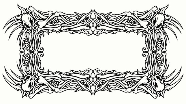 High-contrast black graphic C-shaped border composed of stylized anima