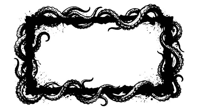 High-contrast black graphic C-shaped border of intertwined octopus ten