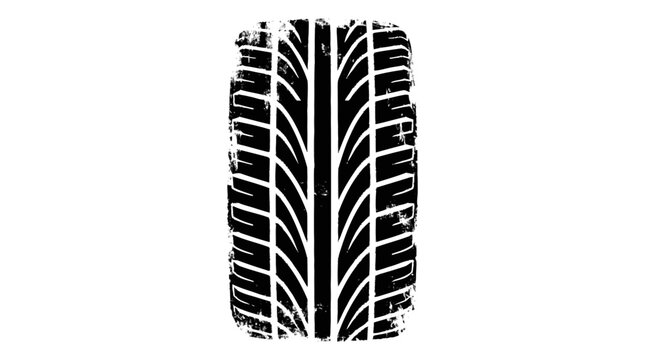 High-contrast black graphic rendering of a tire track fragment exhibit