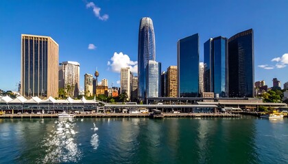 Fototapeta premium Modern Glass Skyscrapers Rising Along Waterfront in Sunny Urban Skyline