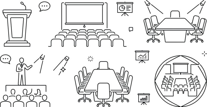 Business conference and meeting room line art vector icons set with auditorium podium speaker and seminar presentation