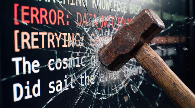  A rusty hammer smashing a computer screen with error messages