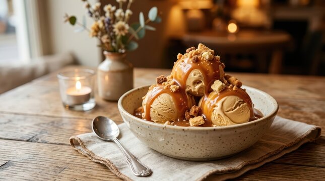 Delicious caramel ice cream sundae with crunchy toppings and a warm ambiance