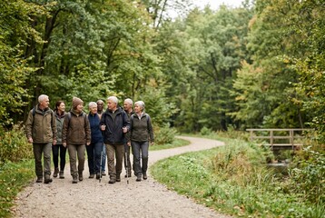 Obraz premium Senior hiking group walking together on forest trail