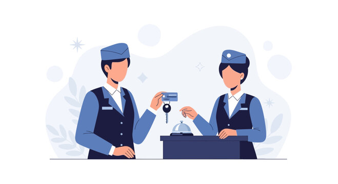 Hotel staff handing key card and bellhop receiving luggage