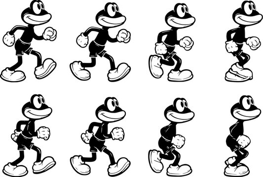 Cartoon frog character walking animation sequence with eight poses in rubberhose art