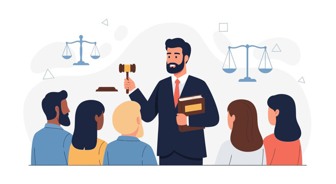 Lawyer or Judge Presiding Over Court Hearing with Gavel, Scales of Justice, and Diverse Audience