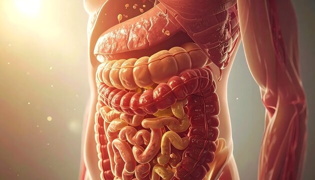 Detailed Human Digestive System Displayed in Transparent Male Torso
