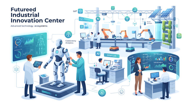 Futuristic smart factory with robotic automation and AI technology.