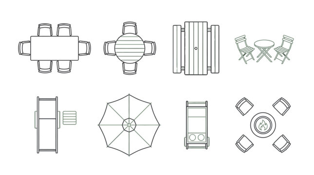 Top View Architectural vector icons of outdoor dining furniture elements showing top view plan of patio tables chairs umbrella fire pit and lounge seating for garden space.