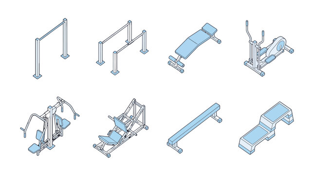 Top View Isometric outdoor fitness equipment elements set featuring pull-up bars, parallel bars, elliptical trainer, leg press machine, and workout benches for gym icons