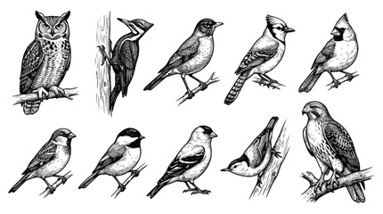 Vintage bird illustrations set, 10 hand drawn avian species vector, black and white wildlife sketches, ornithology nature collection © shanawar