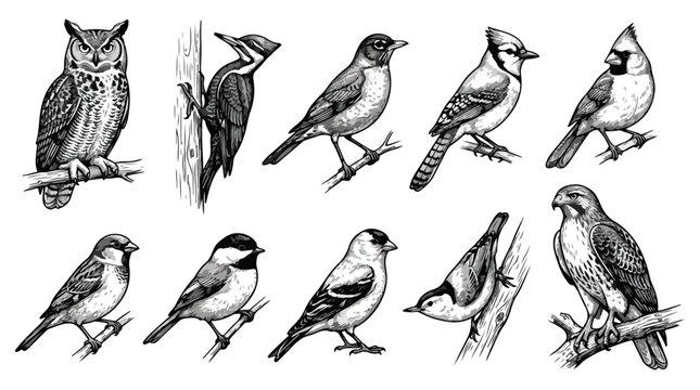 Vintage bird illustrations set, 10 hand drawn avian species vector, black and white wildlife sketches, ornithology nature collection