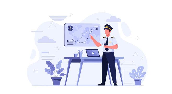 Pilot presenting flight plan on world map with aircraft route, laptop, and plants