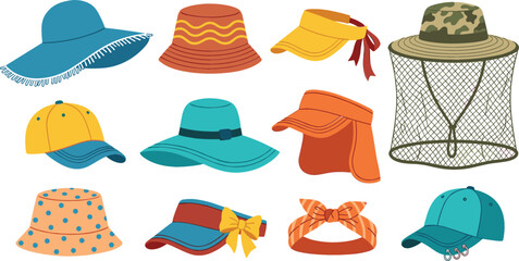 Colorful summer hats vector icon set featuring stylish sun hats, baseball caps, visors, bucket hats, a headband, and a camouflage net hat isolated on white background © Rumi
